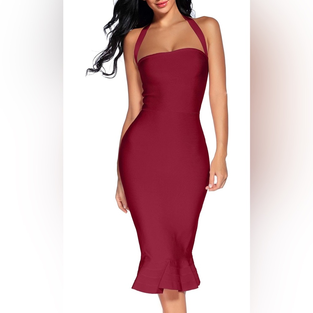 NWOT houstil Women's V Neck Halter Fishtail Bandage Bodycon Dress Party